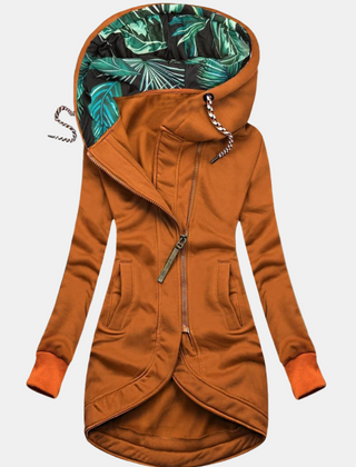 Orange hooded jacket with diagonal front zipper