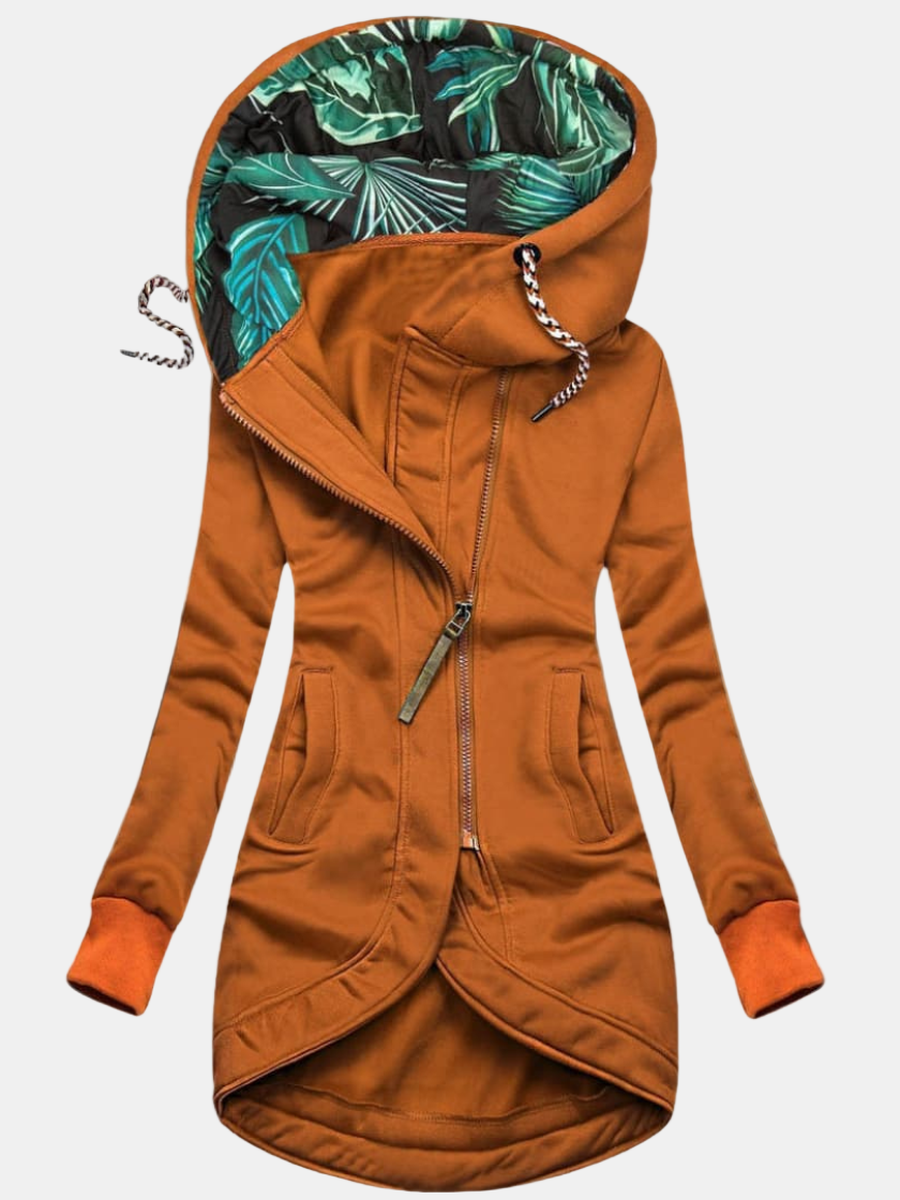 Orange hooded jacket with diagonal front zipper