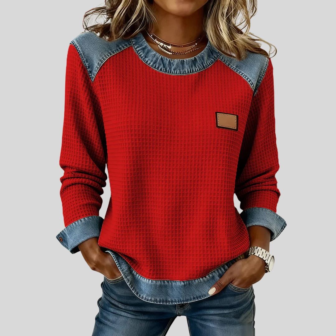 ELIZA & MAREN | CONTRAST TRIM WAFFLE SWEATSHIRT FOR WOMEN