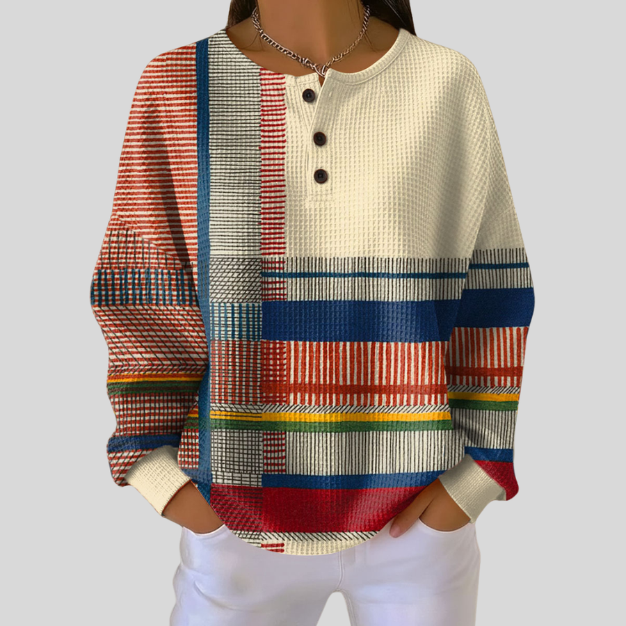 ELIZA & MAREN | STRIPED WAFFLE HENLEY SWEATSHIRT FOR WOMEN