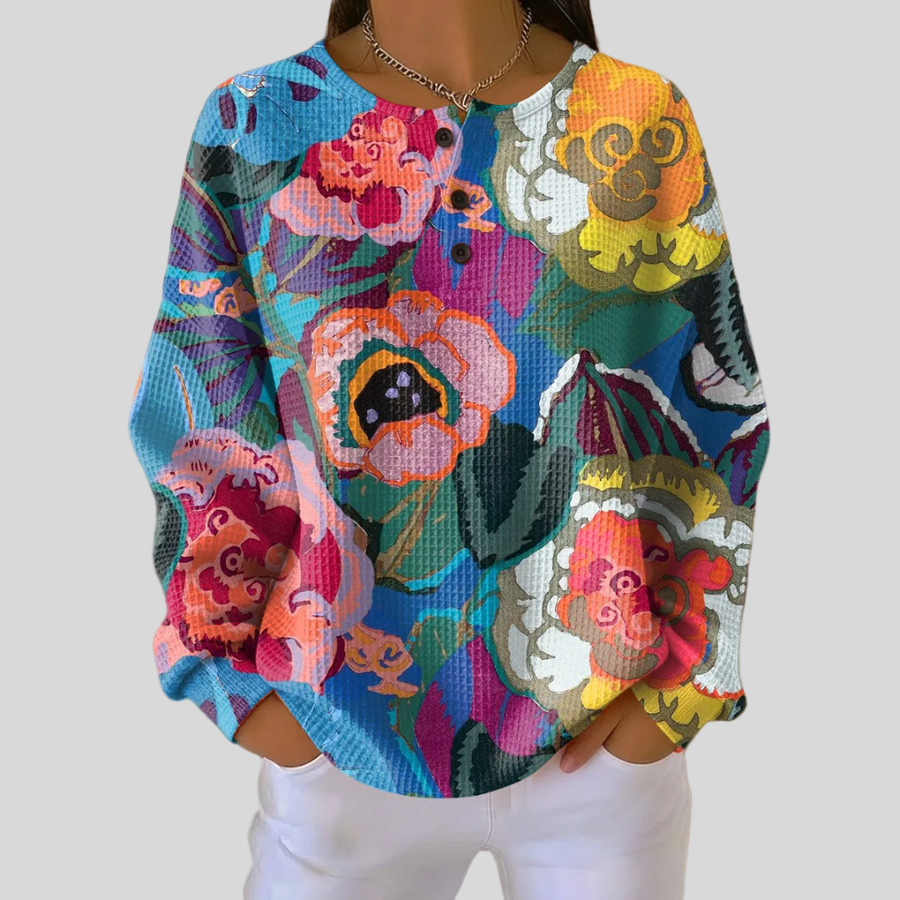 ELIZA & MAREN | COLORFUL FLORAL WAFFLE SWEATSHIRT FOR WOMEN