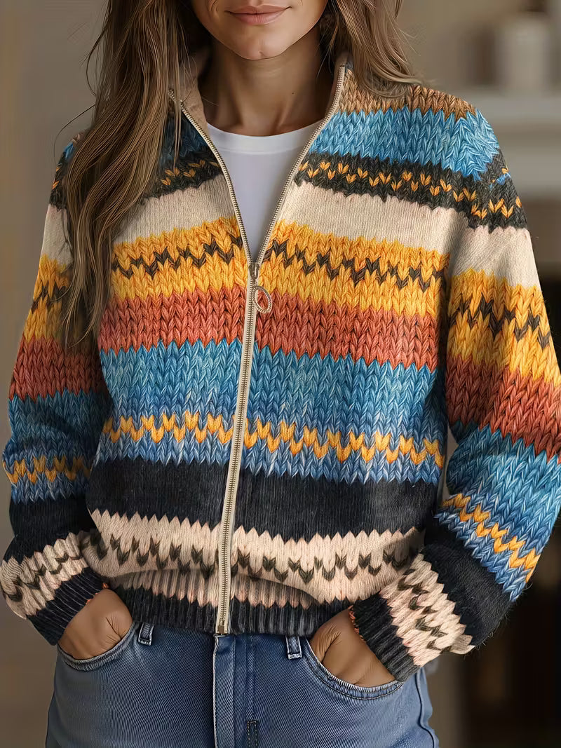 ELIZA & MAREN | CHEVRON STRIPE ZIP CARDIGAN FOR WOMEN