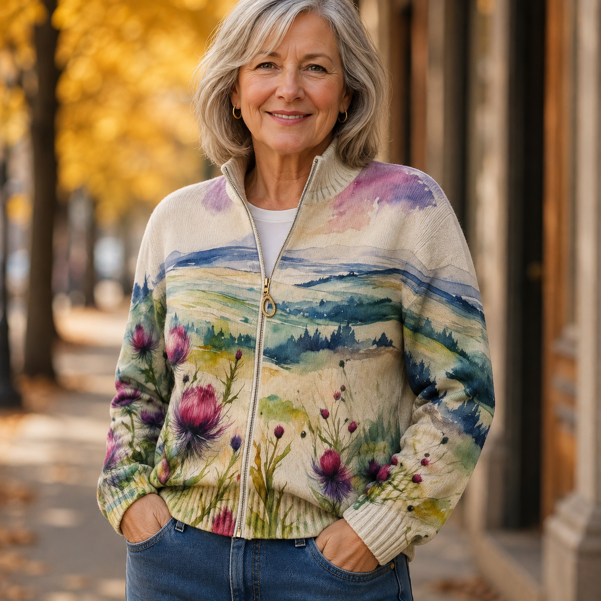 ELIZA & MAREN | THISTLE LANDSCAPE ZIP CARDIGAN FOR WOMEN