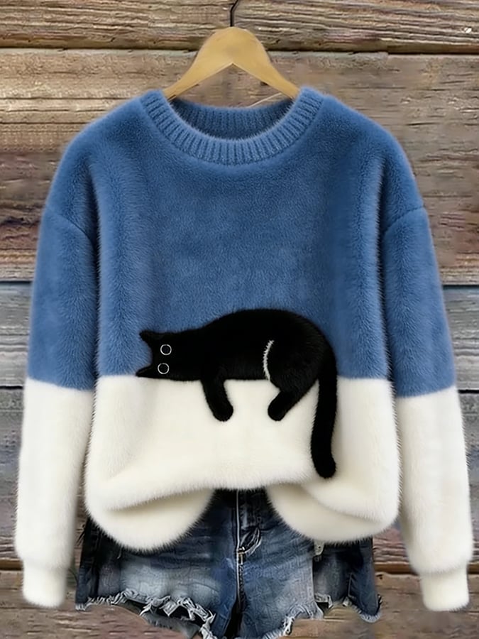 ELIZA & MAREN | OVERSIZED CAT PRINT SWEATER FOR WOMEN