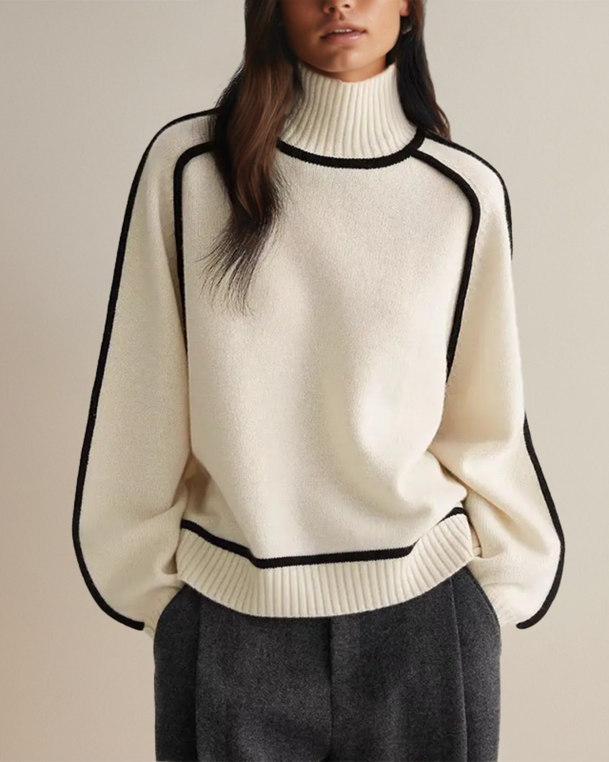 ELIZA & MAREN | CONTRAST PIPED TURTLENECK SWEATER FOR WOMEN