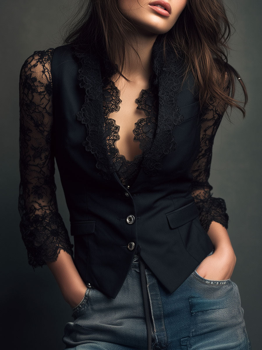 ELIZA & MAREN | SEMI-SHEER SLEEVE BLAZER FOR WOMEN