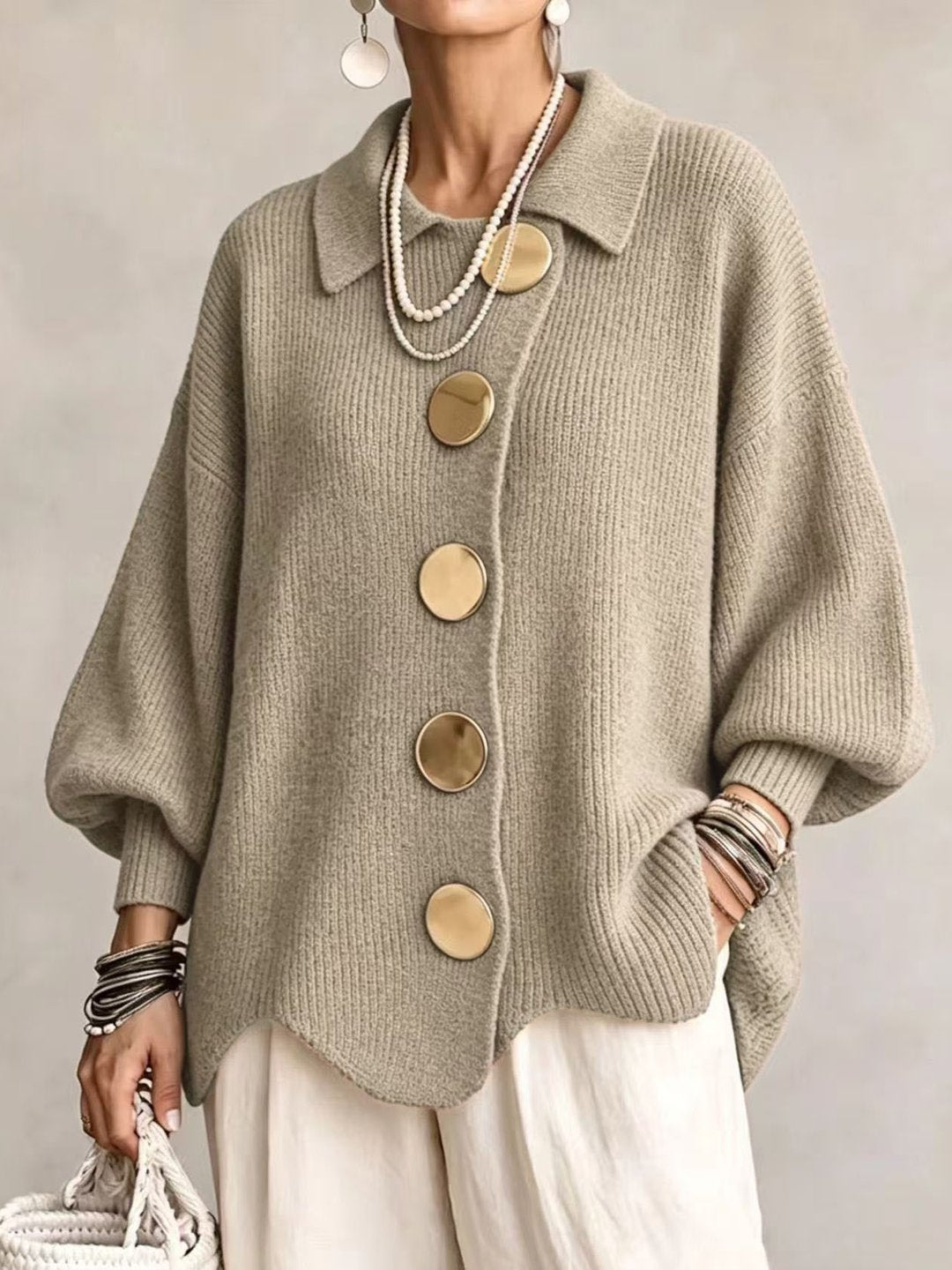 ELIZA & MAREN | OVERSIZED METAL BUTTON CARDIGAN FOR WOMEN