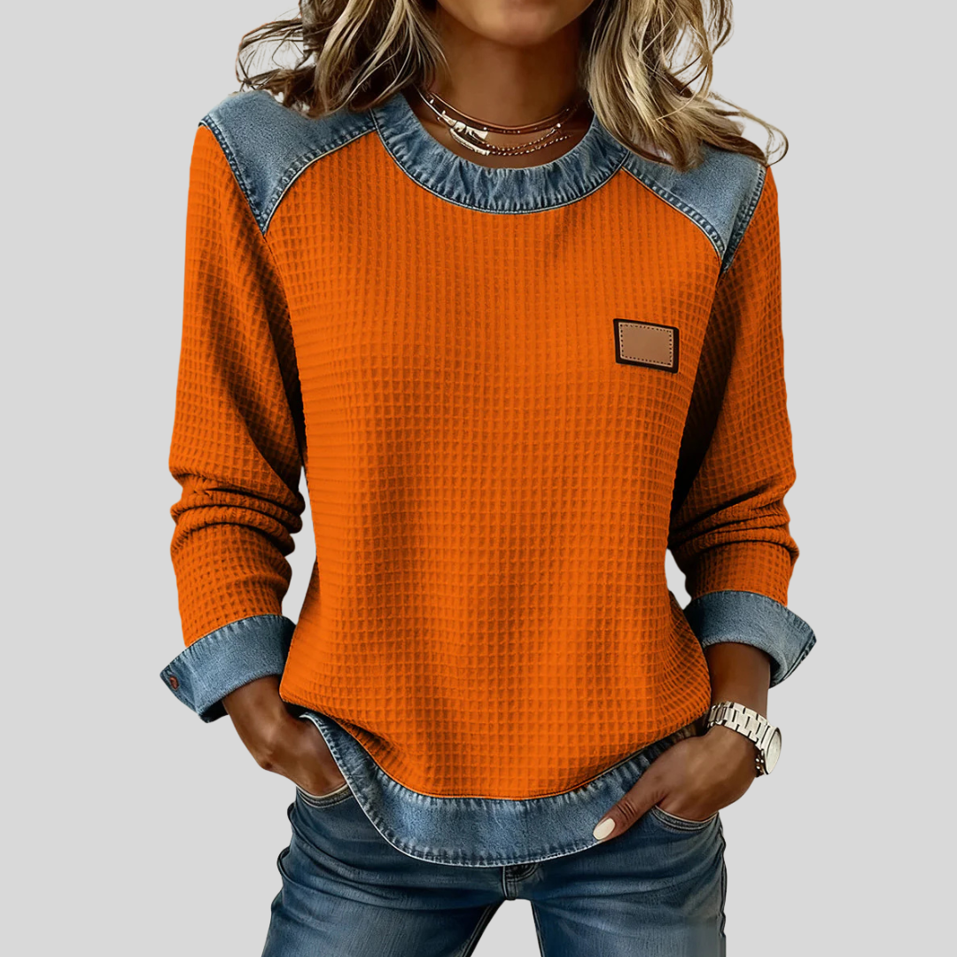 ELIZA & MAREN | CONTRAST TRIM WAFFLE SWEATSHIRT FOR WOMEN