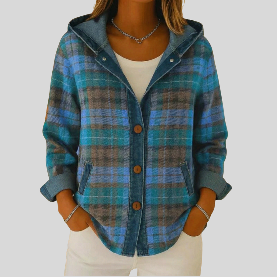 ELIZA & MAREN | BLUE PLAID HOODED SHACKET FOR WOMEN