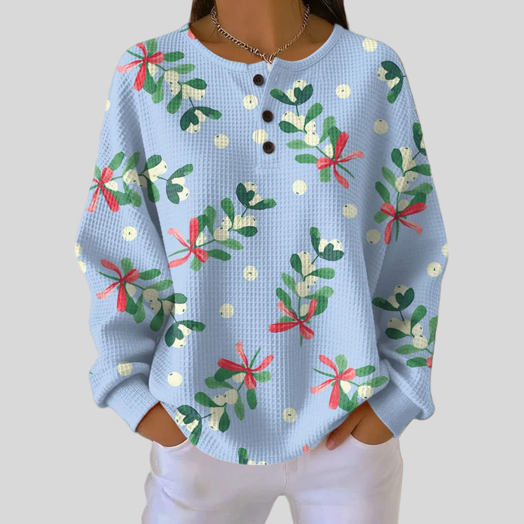 ELIZA & MAREN | CHRISTMAS PRINT WAFFLE SWEATSHIRT FOR WOMEN