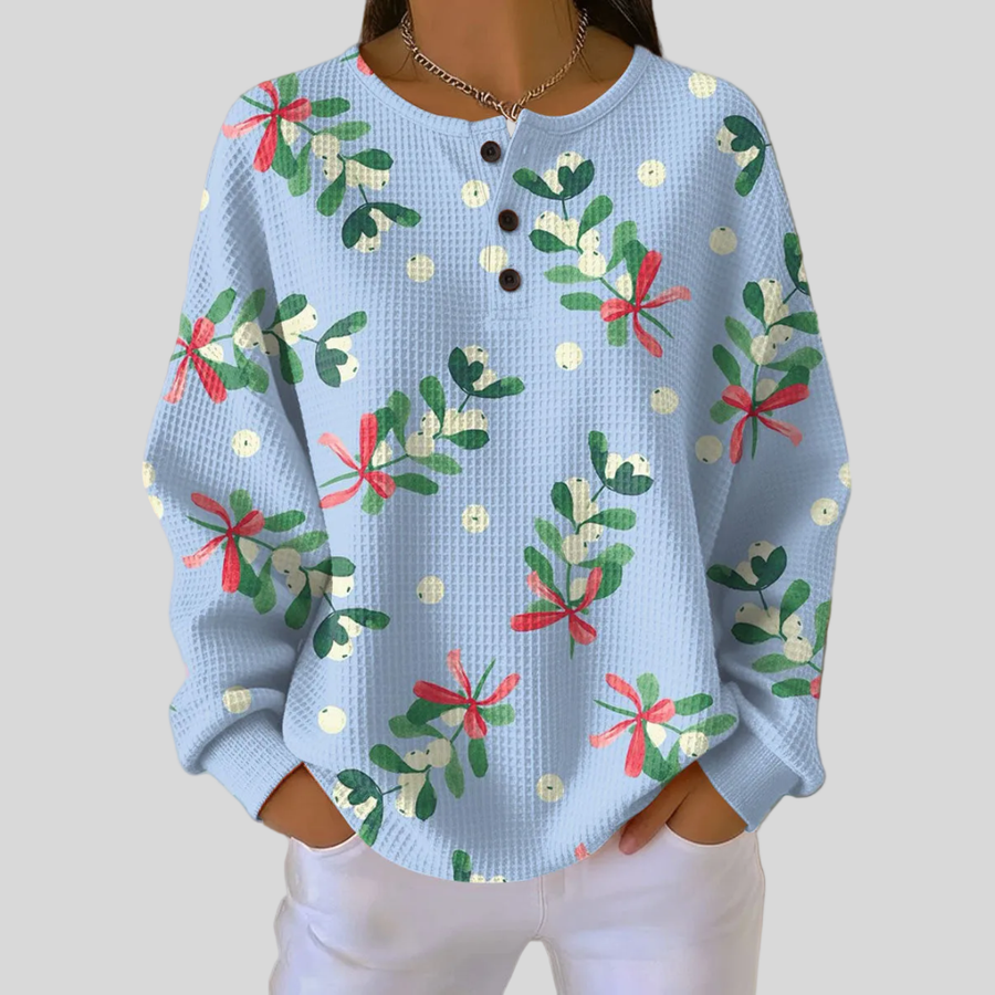 ELIZA & MAREN | CHRISTMAS PRINT WAFFLE SWEATSHIRT FOR WOMEN