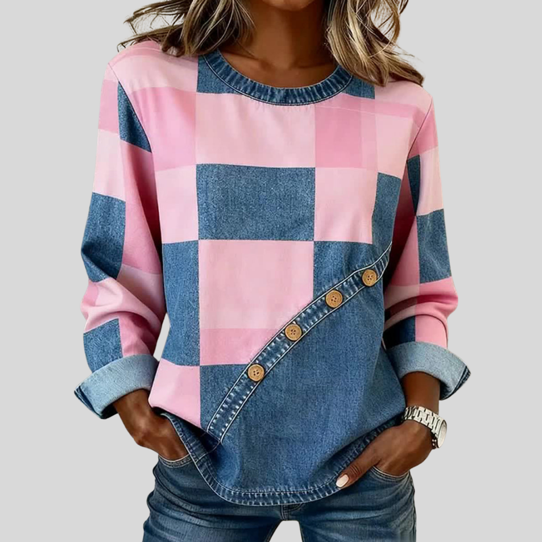 ELIZA & MAREN | PATCHWORK BUTTON TRIM SWEATSHIRT FOR WOMEN