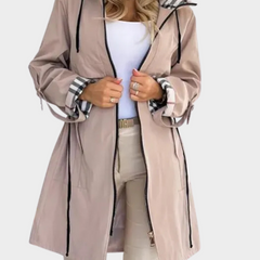 Open front view of coat with checked hood