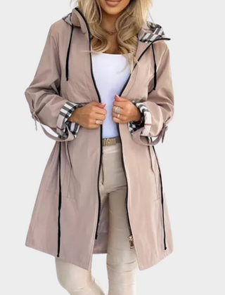 Open front view of coat with checked hood