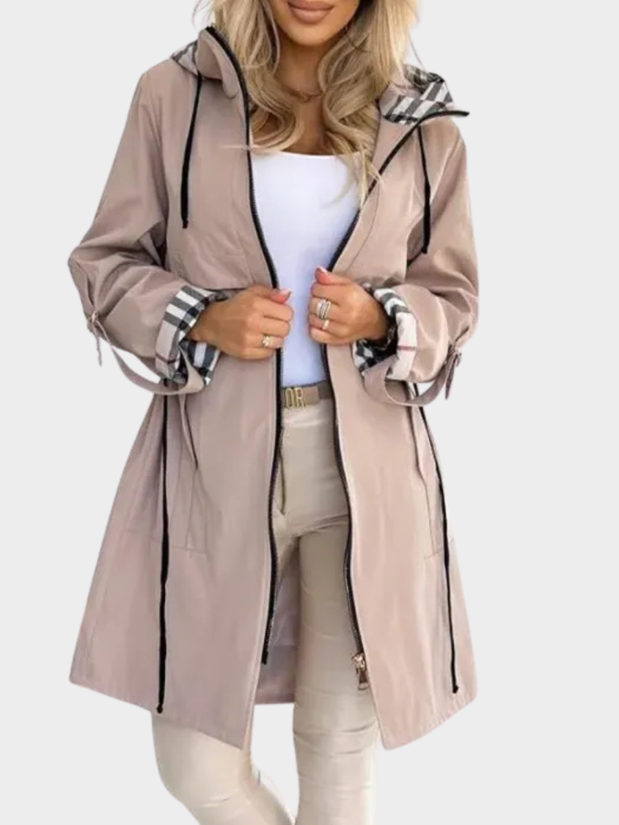Open front view of coat with checked hood