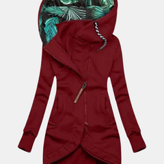 Red hooded jacket with diagonal front zipper