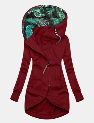 Red hooded jacket with diagonal front zipper