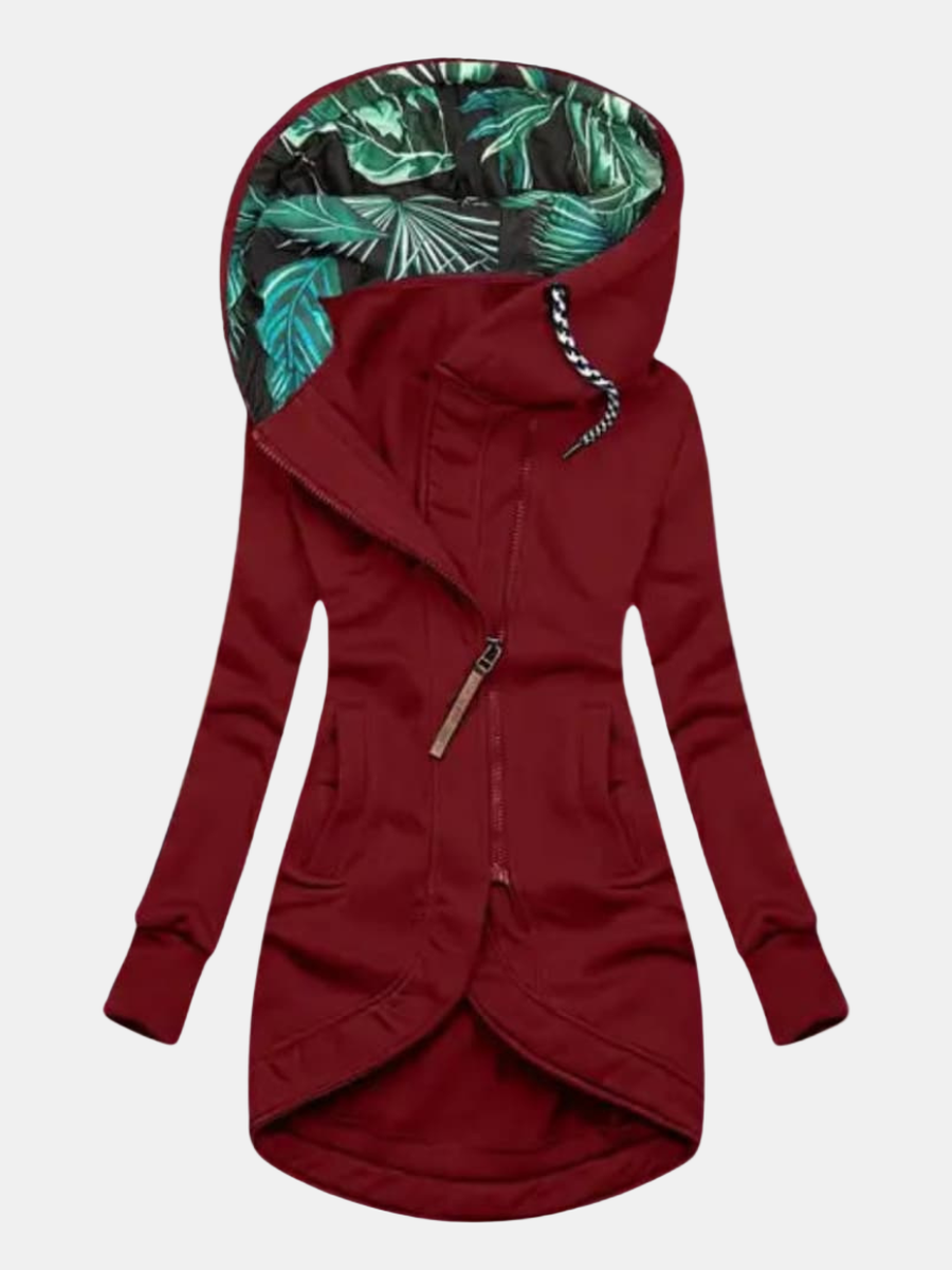 Red hooded jacket with diagonal front zipper