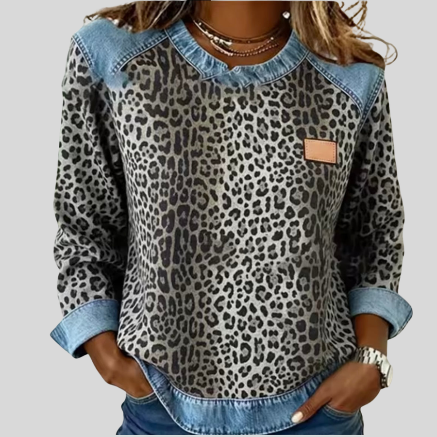 ELIZA & MAREN | LEOPARD CONTRAST TRIM SWEATER FOR WOMEN