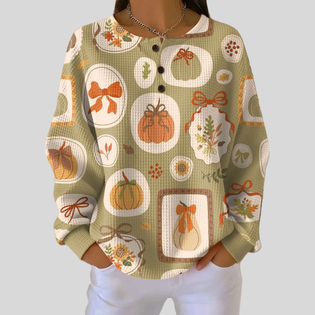 ELIZA & MAREN | PUMPKIN BOW HENLEY SWEATSHIRT FOR WOMEN