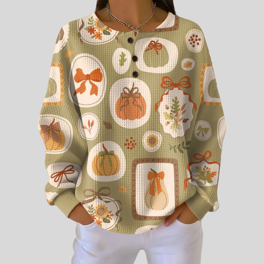 ELIZA & MAREN | PUMPKIN BOW HENLEY SWEATSHIRT FOR WOMEN