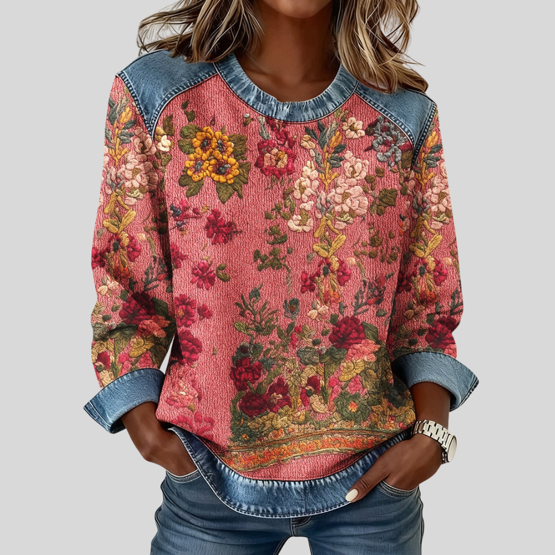 ELIZA & MAREN | FLORAL DENIM-TRIM SWEATSHIRT FOR WOMEN
