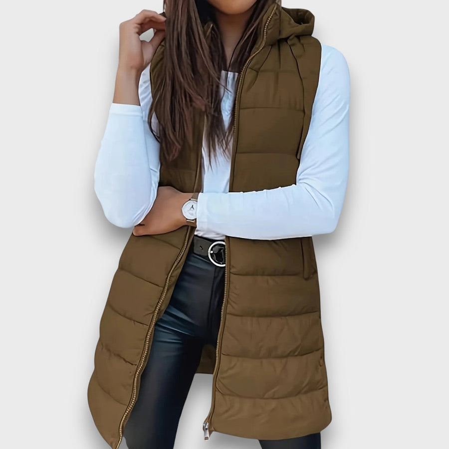 ELIZA & MAREN | LONG QUILTED HOODED VEST FOR WOMEN