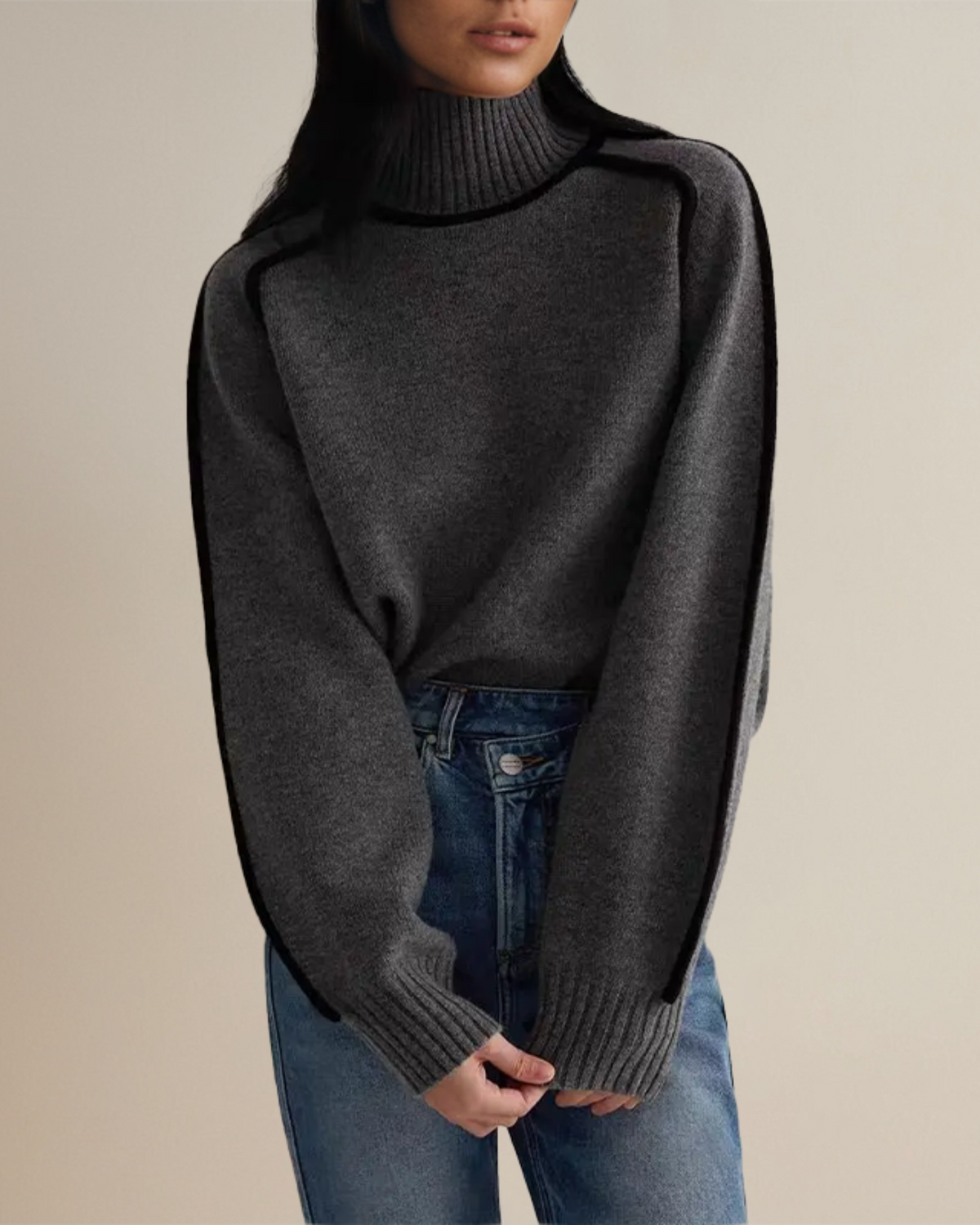 ELIZA & MAREN | CONTRAST PIPED TURTLENECK SWEATER FOR WOMEN
