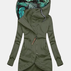 Green hooded jacket with an overlapping front hem