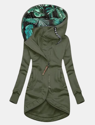 Green hooded jacket with an overlapping front hem