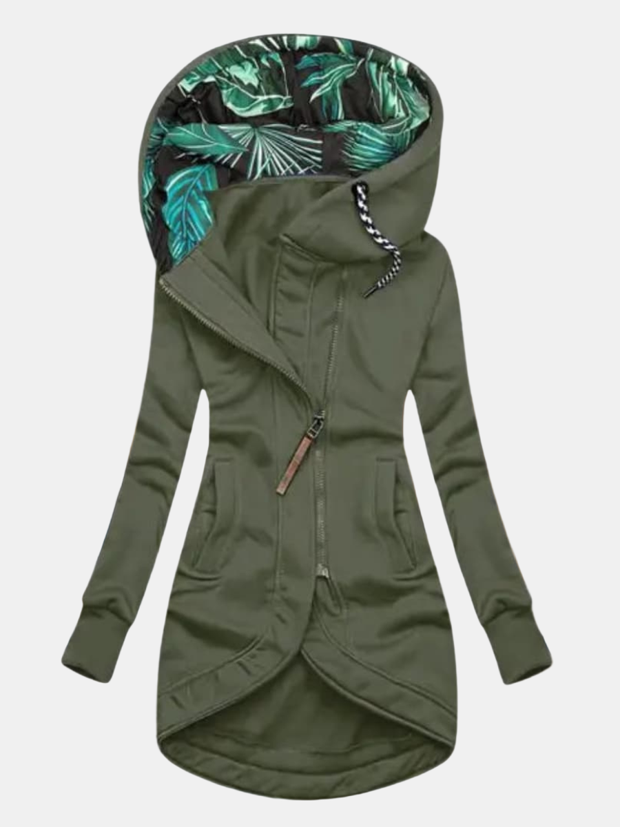 Green hooded jacket with an overlapping front hem