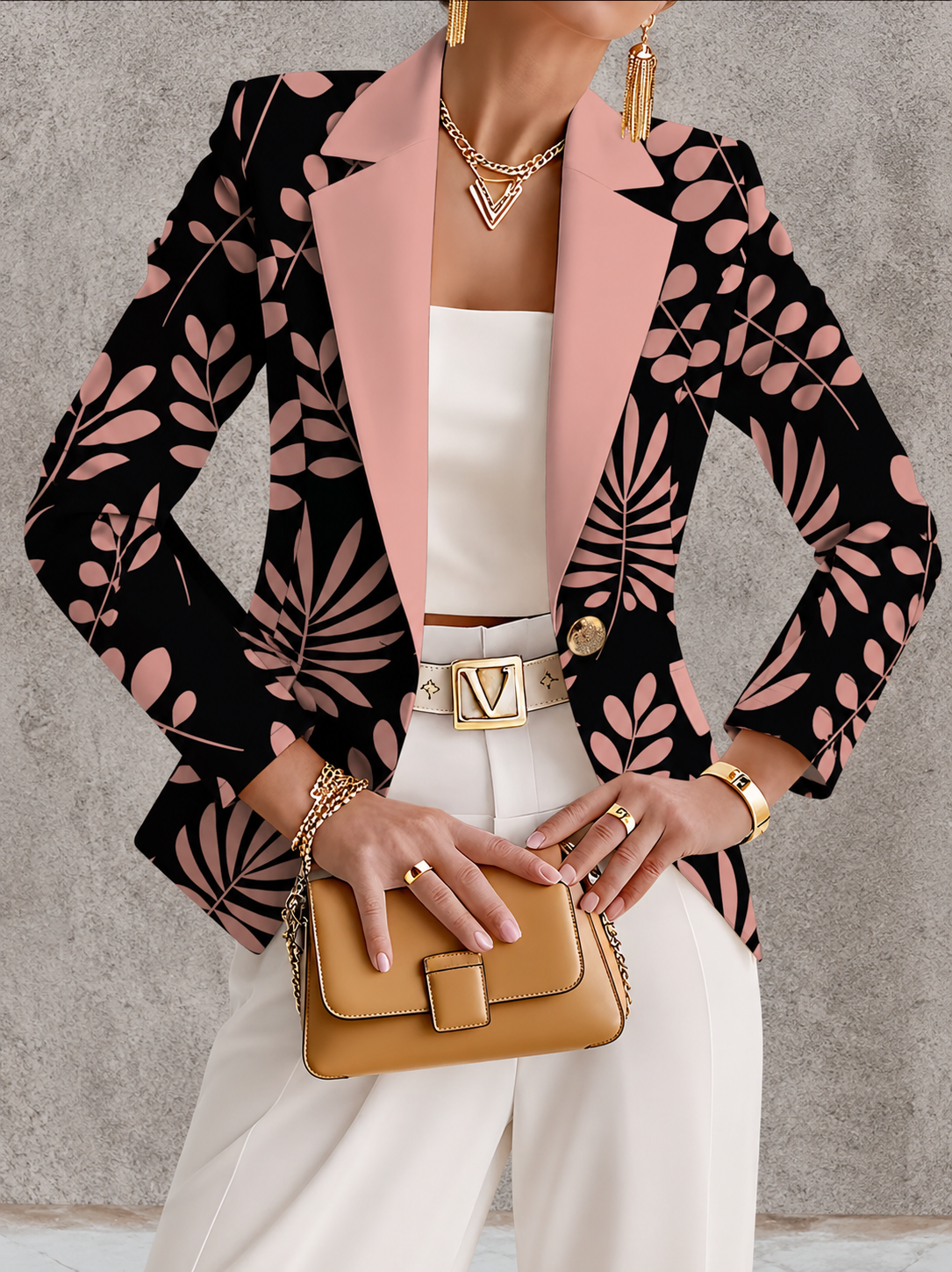 ELIZA & MAREN | PINK BOTANICAL LEAF BLAZER FOR WOMEN