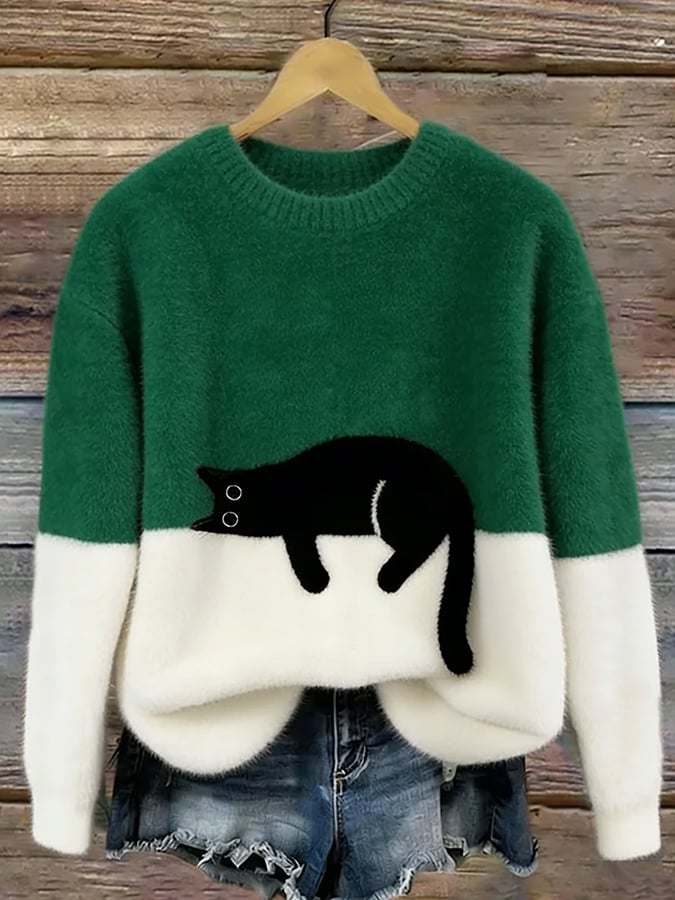 ELIZA & MAREN | OVERSIZED CAT PRINT SWEATER FOR WOMEN