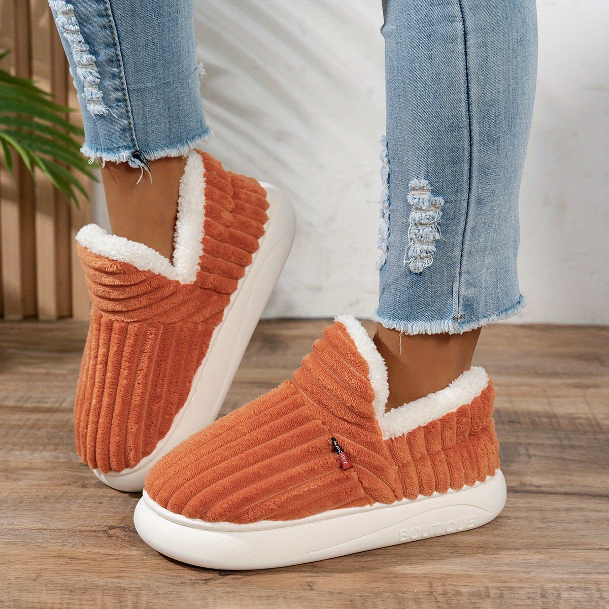 ELIZA & MAREN | STRIPED PLUSH HOUSE SLIPPERS FOR WOMEN