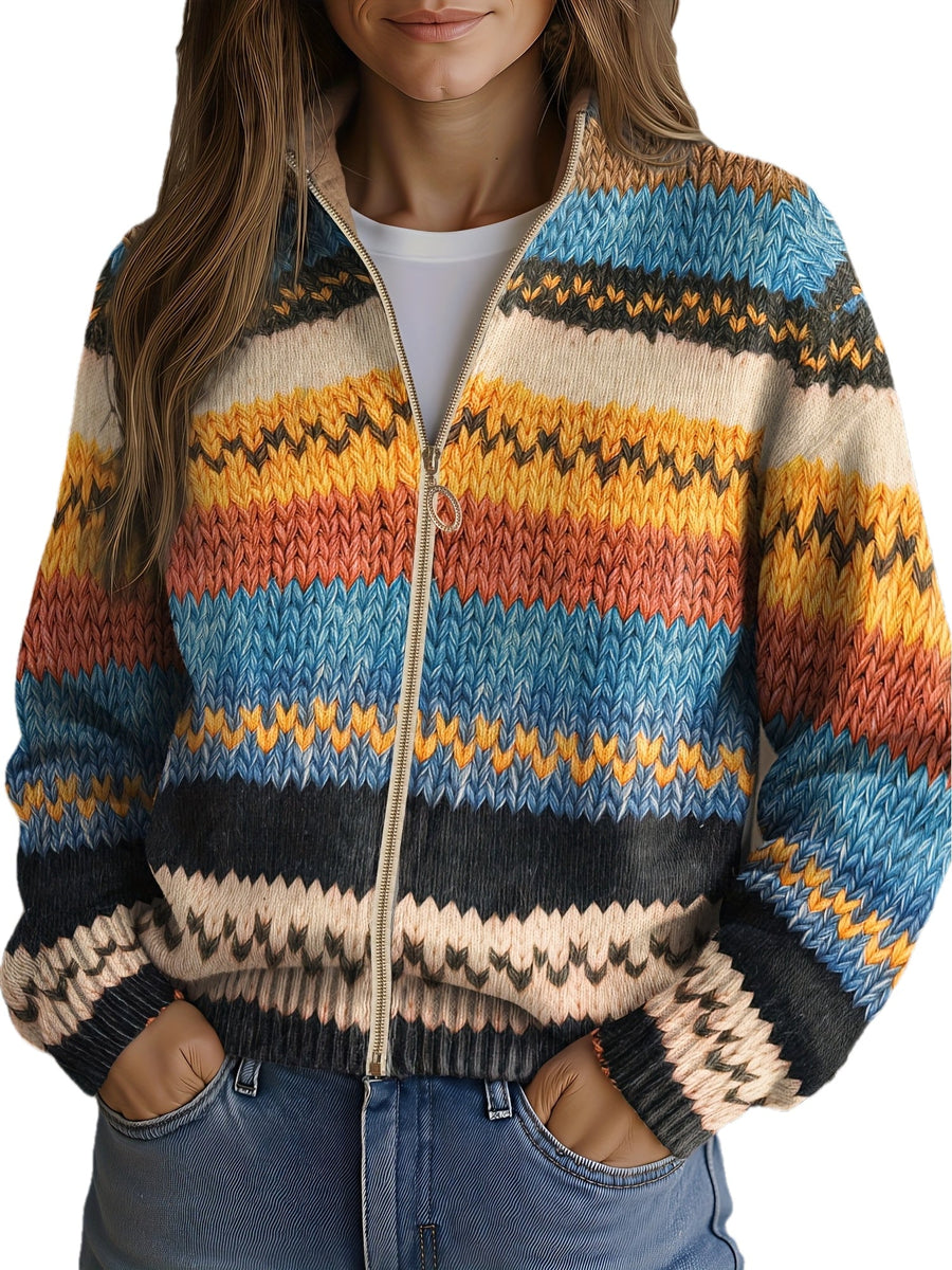 ELIZA & MAREN | CHEVRON STRIPE ZIP CARDIGAN FOR WOMEN