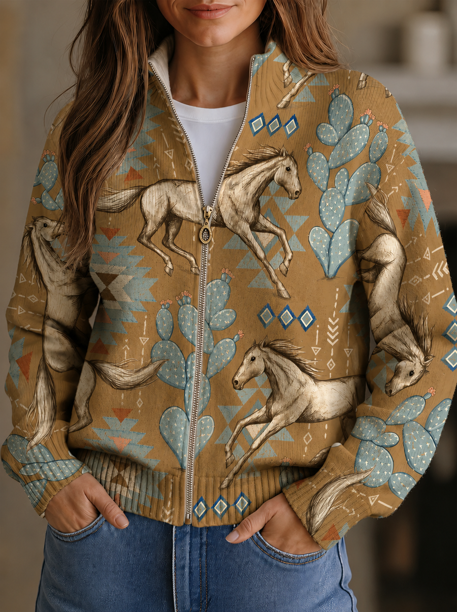ELIZA & MAREN | HORSE CACTUS ZIP CARDIGAN FOR WOMEN