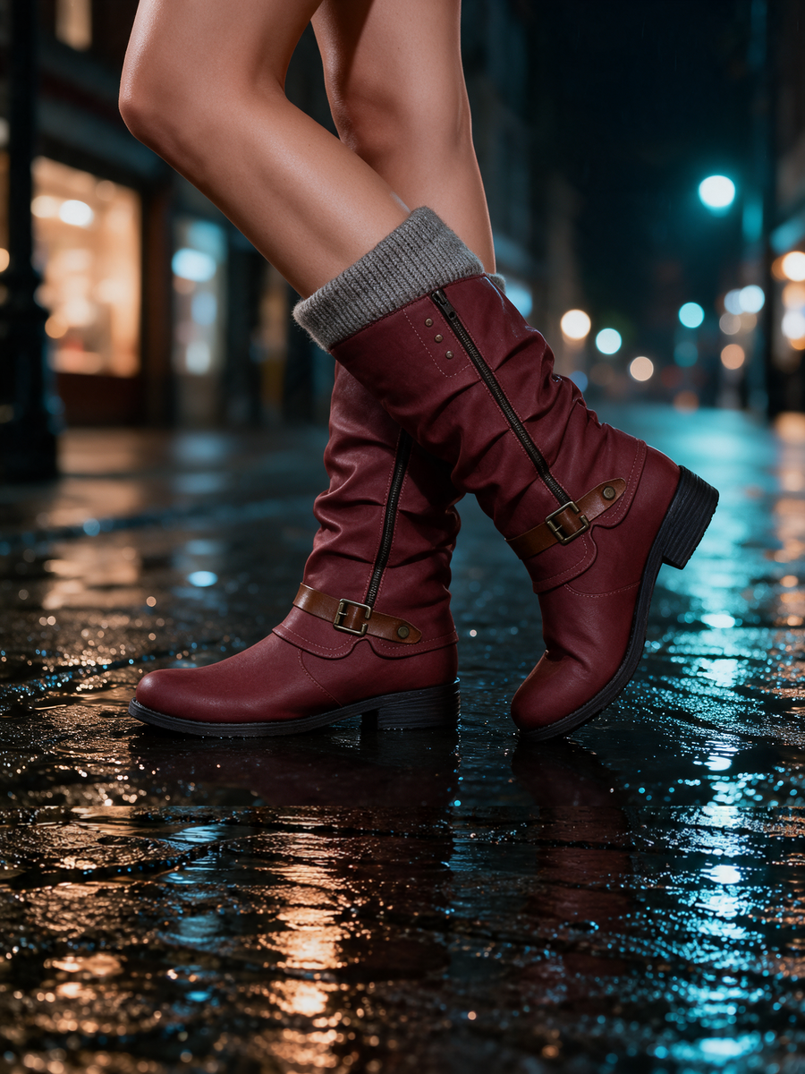 ELIZA & MAREN | KNIT COLLAR MID-CALF BOOTS FOR WOMEN
