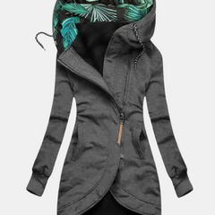 Gray hooded jacket with an overlapping front hem