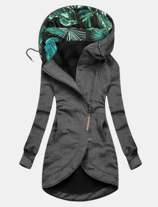 Gray hooded jacket with an overlapping front hem