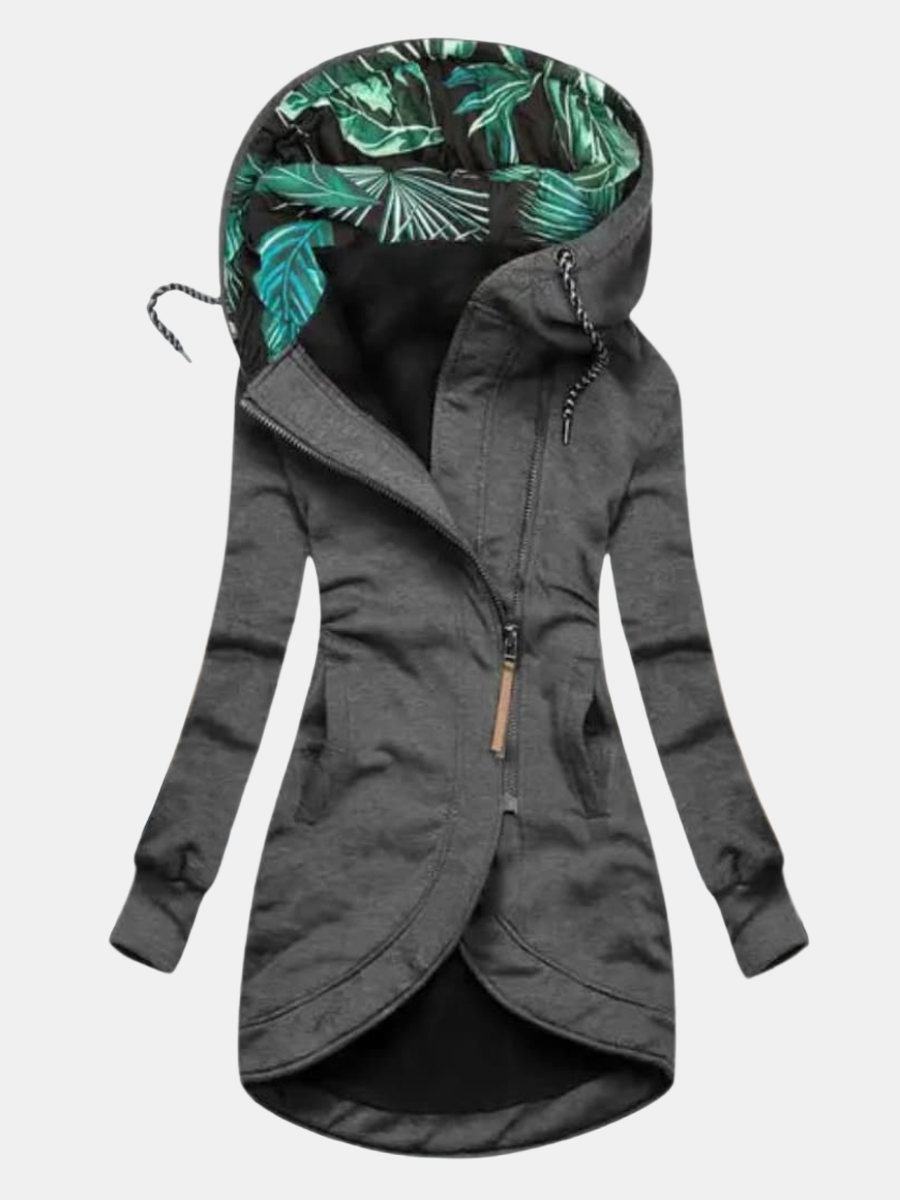 Gray hooded jacket with an overlapping front hem