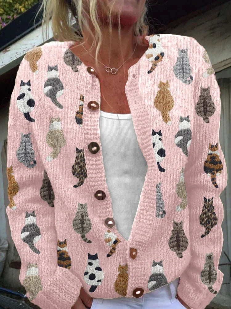 ELIZA & MAREN | CAT PRINT BUTTON CARDIGAN FOR WOMEN