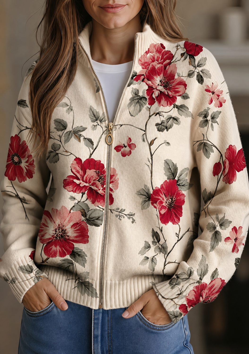 ELIZA & MAREN | ROSE PRINT ZIP CARDIGAN FOR WOMEN