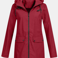 Red hooded jacket with front zipper