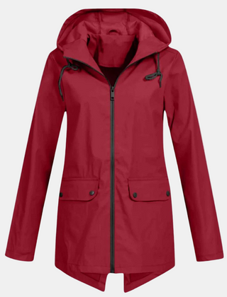 Red hooded jacket with front zipper