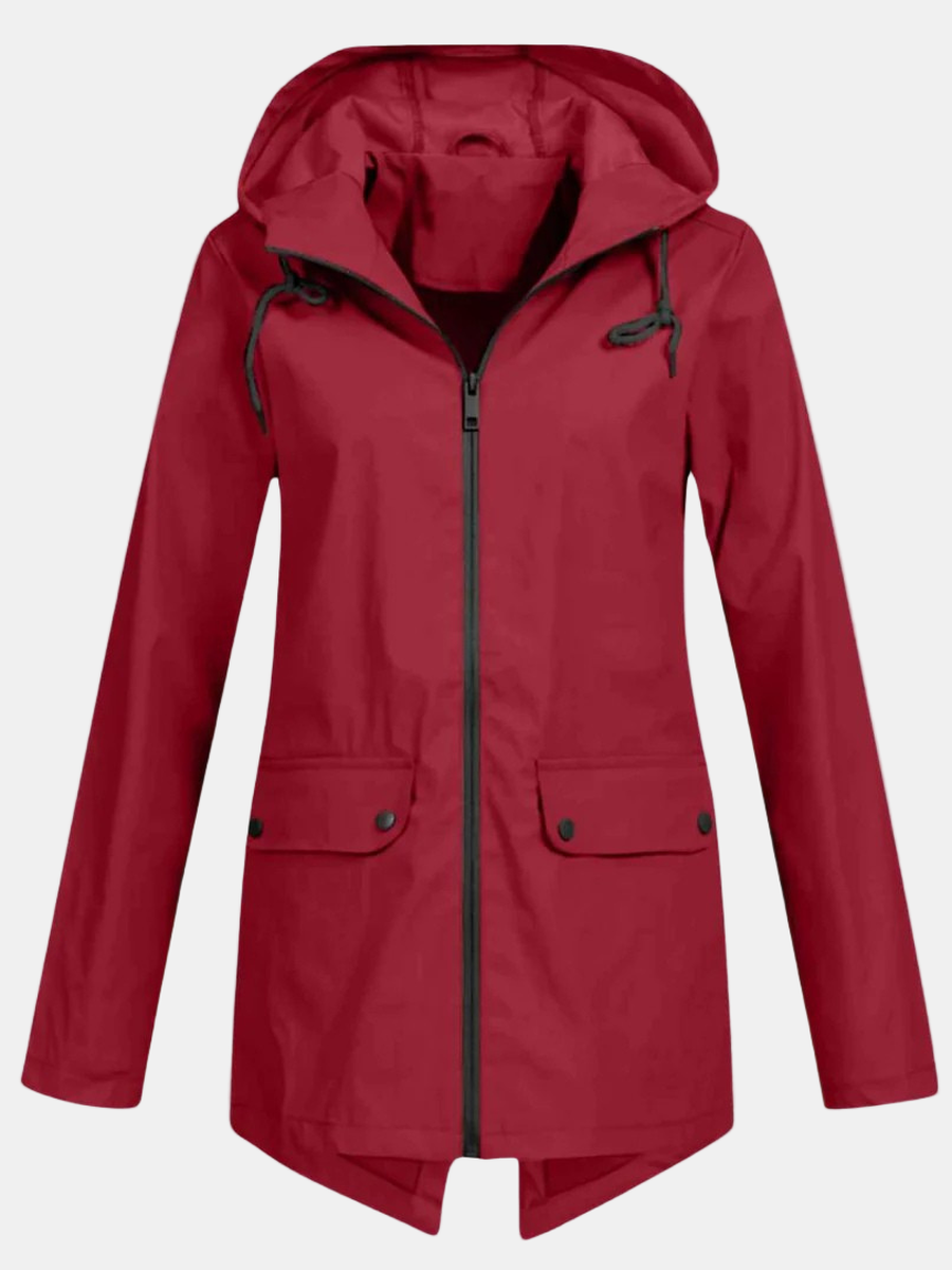 Red hooded jacket with front zipper