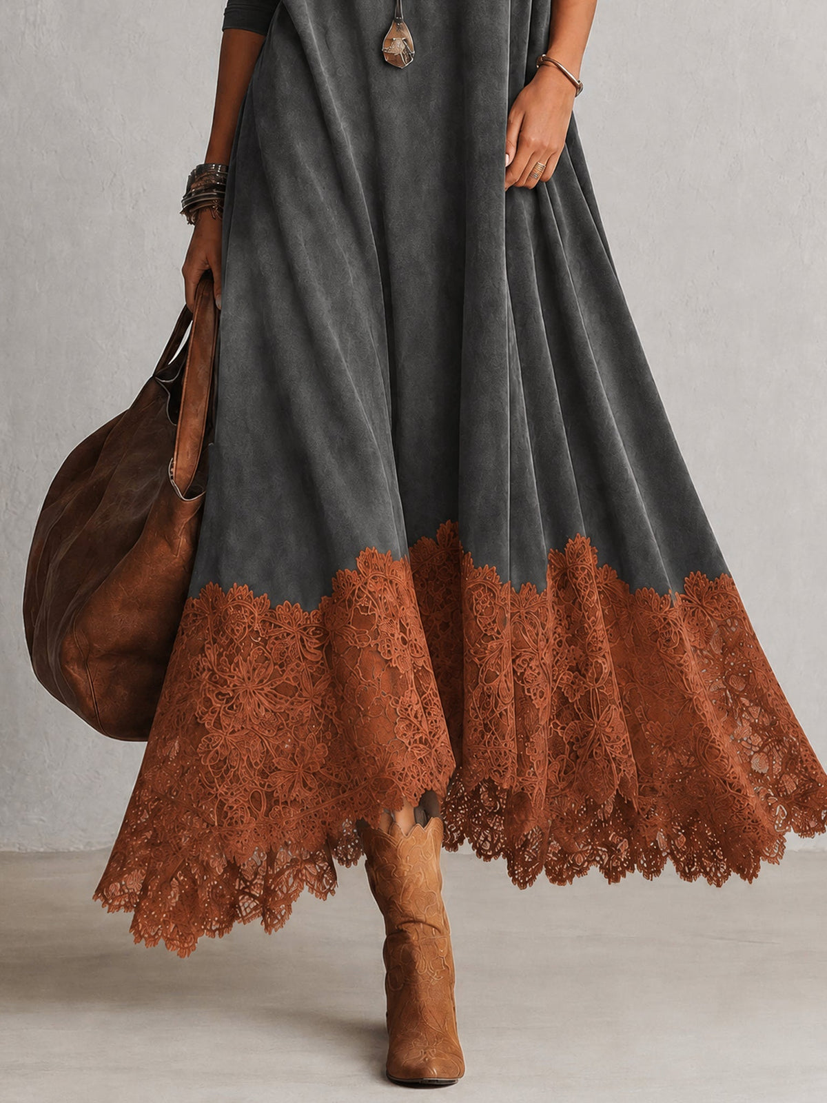 ELIZA & MAREN | SUEDE-EFFECT LACE MAXI DRESS FOR WOMEN
