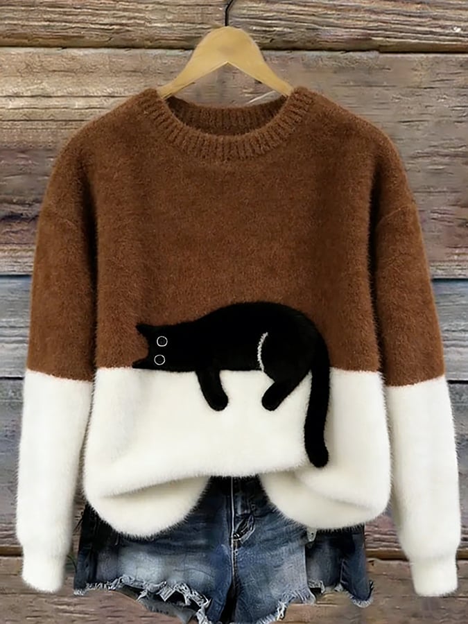 ELIZA & MAREN | OVERSIZED CAT PRINT SWEATER FOR WOMEN
