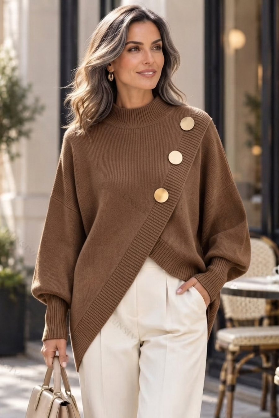 ELIZA & MAREN | ASYMMETRIC BUTTON SWEATER FOR WOMEN