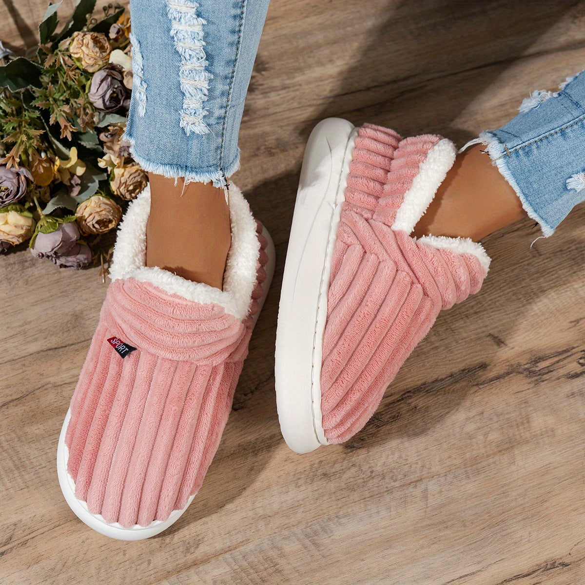 ELIZA & MAREN | STRIPED PLUSH HOUSE SLIPPERS FOR WOMEN
