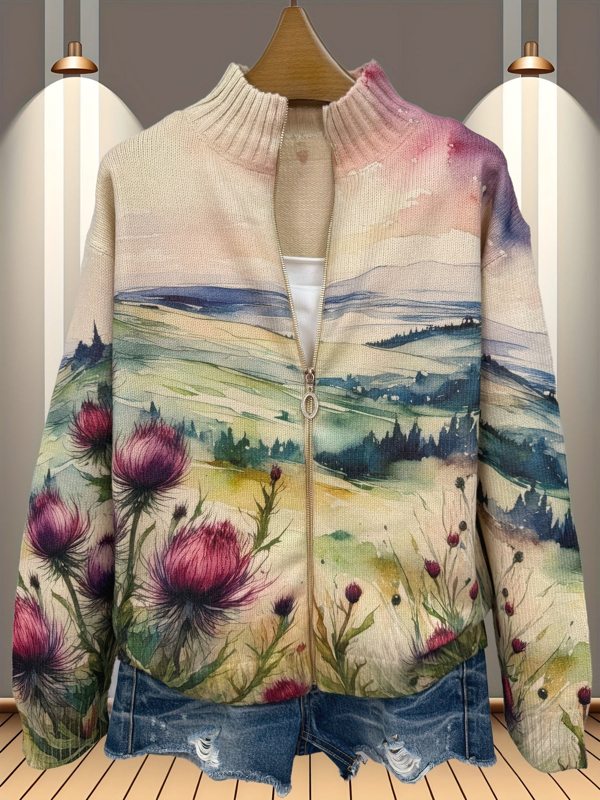 ELIZA & MAREN | THISTLE LANDSCAPE ZIP CARDIGAN FOR WOMEN